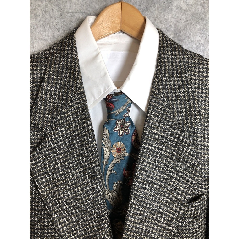 Oscar De La Renta Blazer 43L Black Houndstooth Wool Suit Coat Jacket Classic